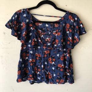 Blue floral blouse cross cross back